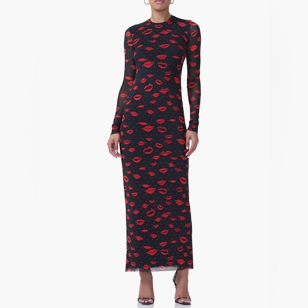 AFRM Black and Red Lip Print Long Sleeve Dress